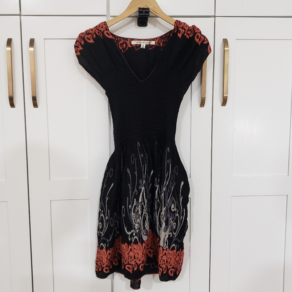 Max Studio Dress Womens XS Black Red Abstract Fit Flare